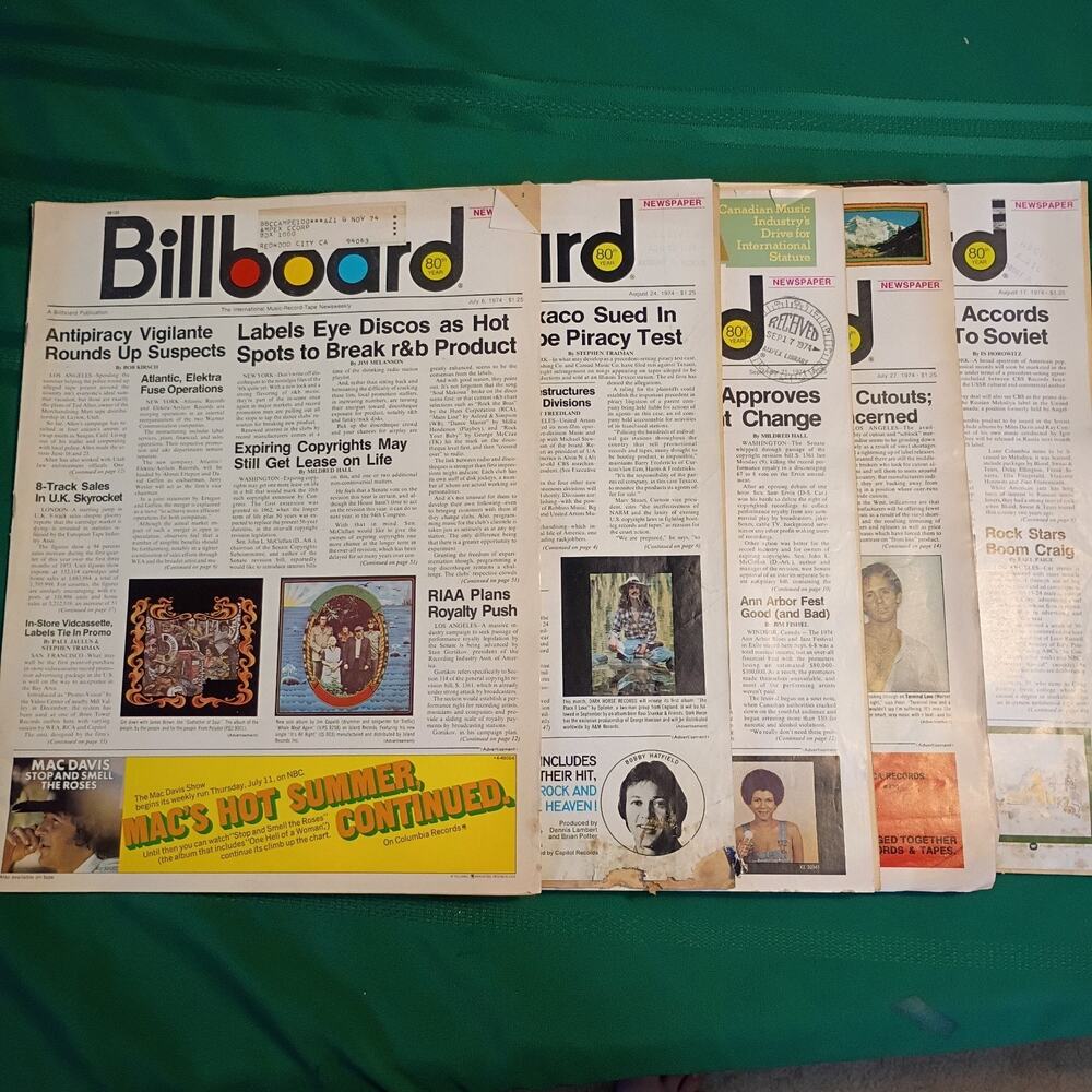 Billboard Magazine 1974 Lot of Five: July 6 & 27, Aug 17 & 24, Sept 21